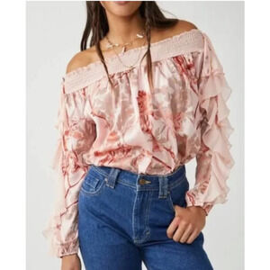 NWT “FREE PEOPLE” Born to Love Pink Floral Long Sleeve Off Shoulder Body…